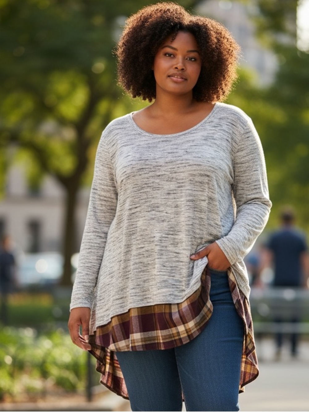 Maurices Gray Heathered Long-Sleeve Tunic with Plaid Hem